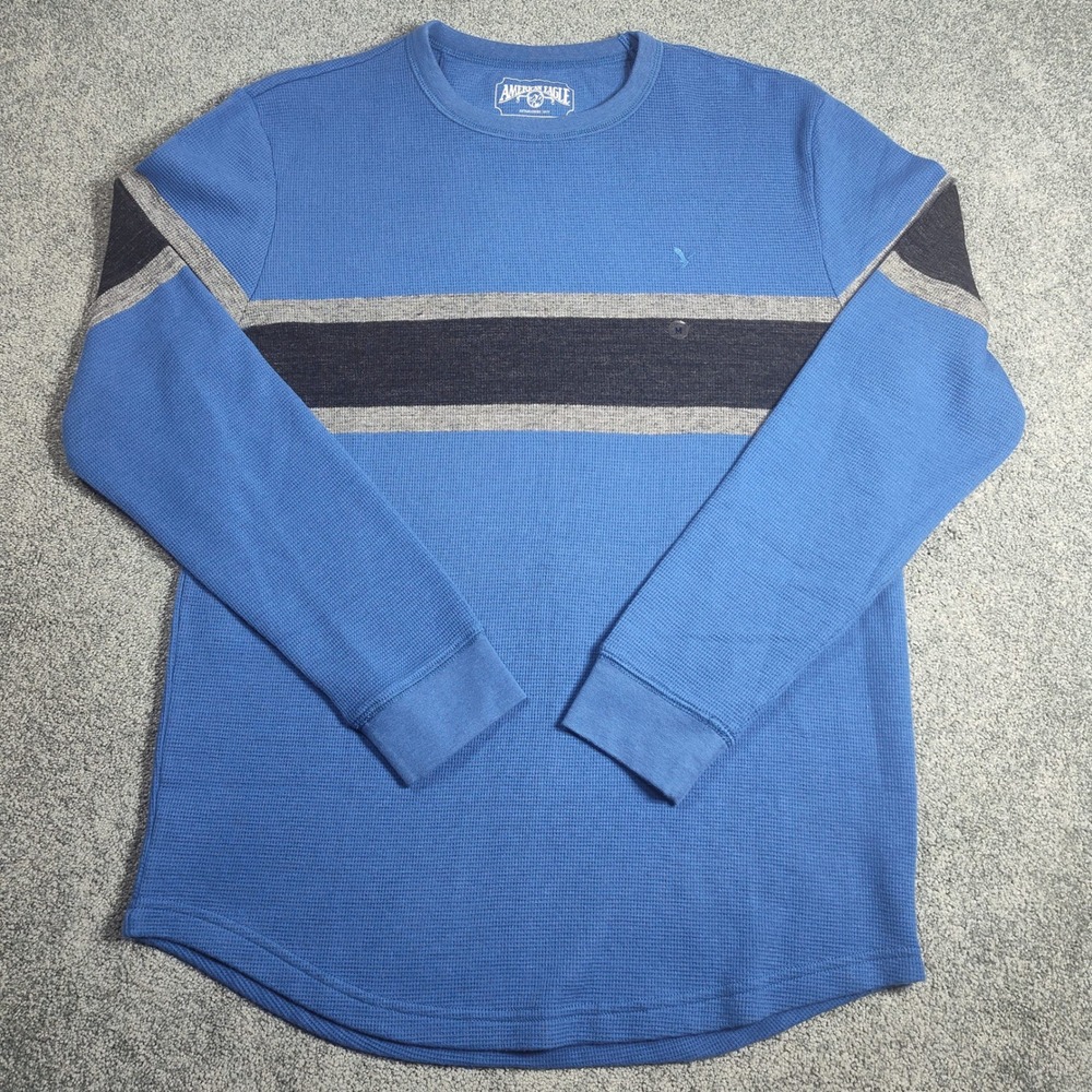 American Eagle Men's Thermal Long Sleeve‎ Shirt Blue Gray Stripe Size M Casual